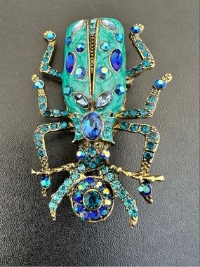 Vintage Teal and Blue Enameled Beetle Brooch w/ Crystal Rhinestones